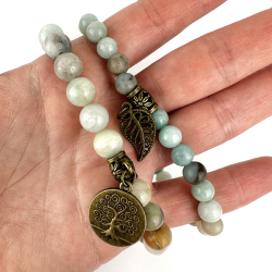 Amazonit armbnd st m. Livets tr og fjer, 6 og 8 mm perler