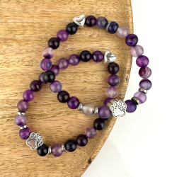 Lilla Agat armbnd m. pote og hjerte, 8 mm perler