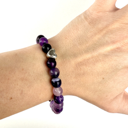 Lilla Agat armbnd m. pote og hjerte, 8 mm perler