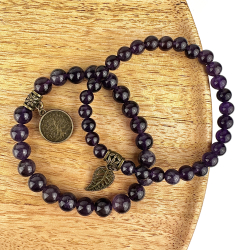 Ametyst armbnd st m. Livets tr og fjer, 6 og 8 mm perler