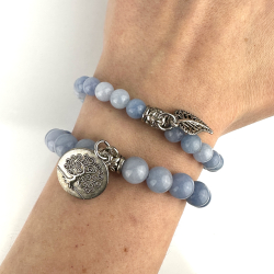 Akvamarin Armbnd st m. Livets tr og fjer, 6 og 8 mm perler