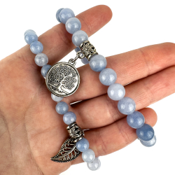 Akvamarin Armbnd st m. Livets tr og fjer, 6 og 8 mm perler