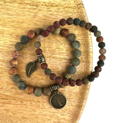 Picasso Jaspis (mat), armbnd st m. Livets tr og fjer, 6 og 8 mm perler