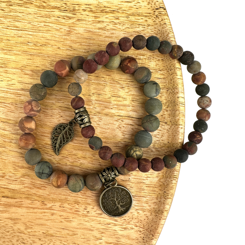 Picasso Jaspis (mat), armbnd st m. Livets tr og fjer, 6 og 8 mm perler