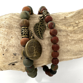 Picasso Jaspis (mat), armbnd st m. Livets tr og fjer, 6 og 8 mm perler