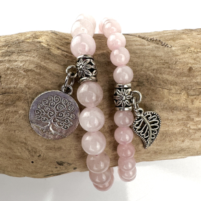 Rosakvarts armbnd st m. Livets tr og fjer, 6 og 8 mm perler