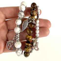 Tigerje og Howlit armbnd m. Livets tr, fjer og lotus, 6 og 8 mm perler