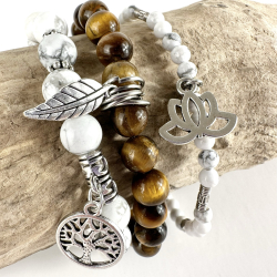 Tigerje og Howlit armbnd m. Livets tr, fjer og lotus, 6 og 8 mm perler