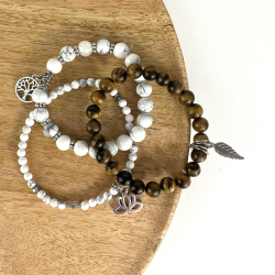 Tigerje og Howlit armbnd m. Livets tr, fjer og lotus, 6 og 8 mm perler