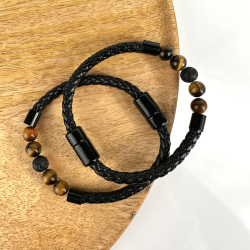 Tigerje og Lavasten imiteret lder armbnd, 8 mm perler