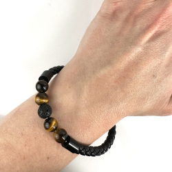 Tigerje og Lavasten imiteret lder armbnd, 8 mm perler