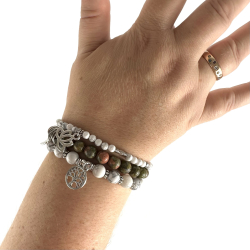 Unakit og Howlit armbnd m. Livets tr, fjer og lotus, 6 og 8 mm perler