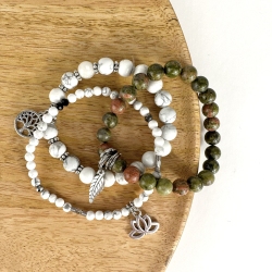 Unakit og Howlit armbnd m. Livets tr, fjer og lotus, 6 og 8 mm perler