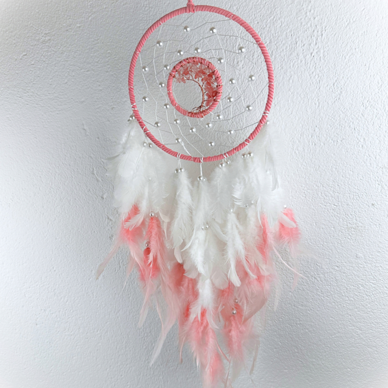 Drmmefanger Rosakvarts m. hvid og pink fjer