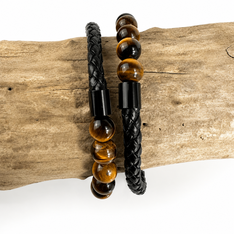 Tiger�je imiteret l�der armb�nd, 8 mm perler
