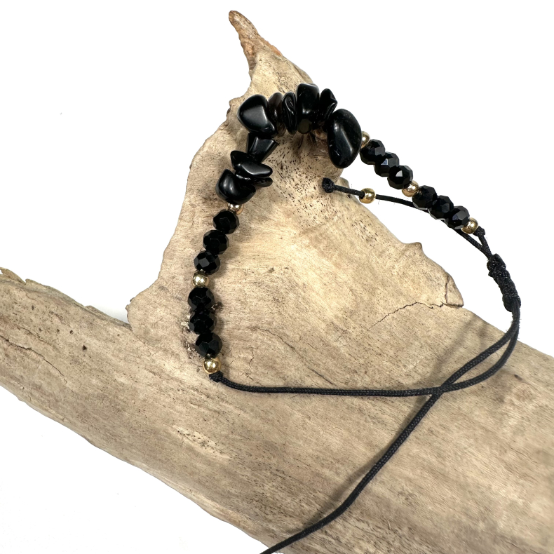 Sort Obsidian armbnd, med chips og snor 