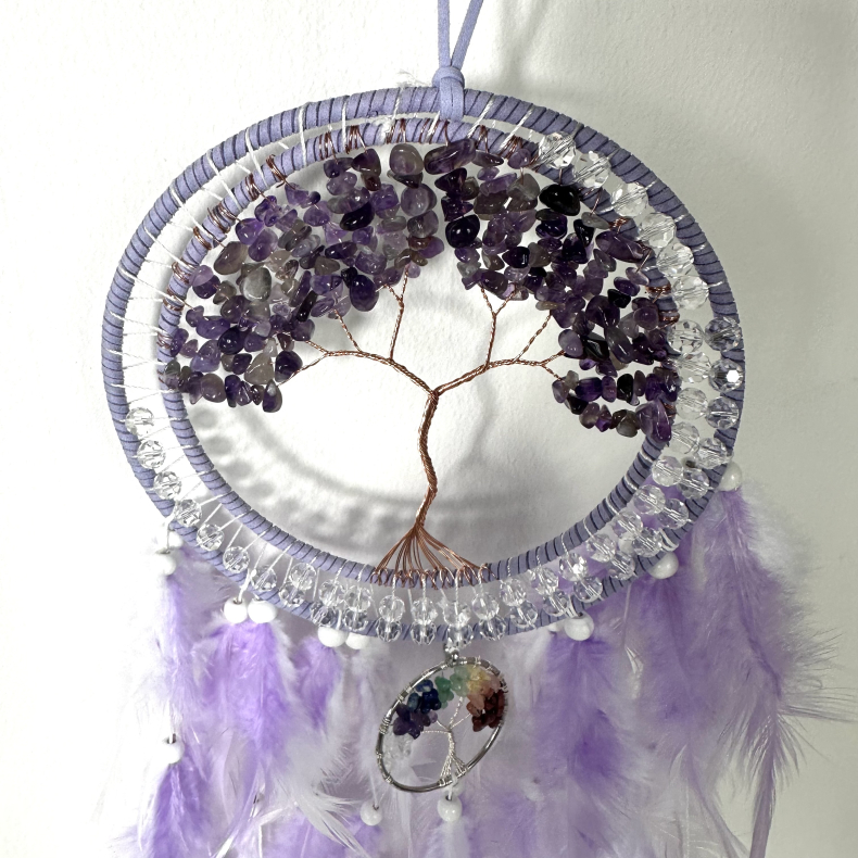 Ametyst i drmmefanger med krystaller i chakra farver 